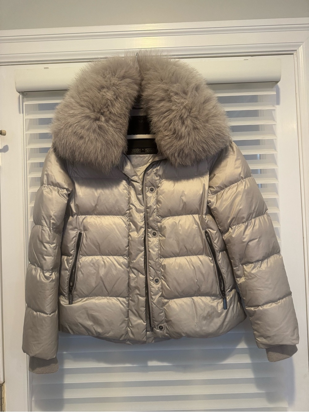 Dawn Levy Grey Shiny Puffer Jacket with Plush Real Fur Collar